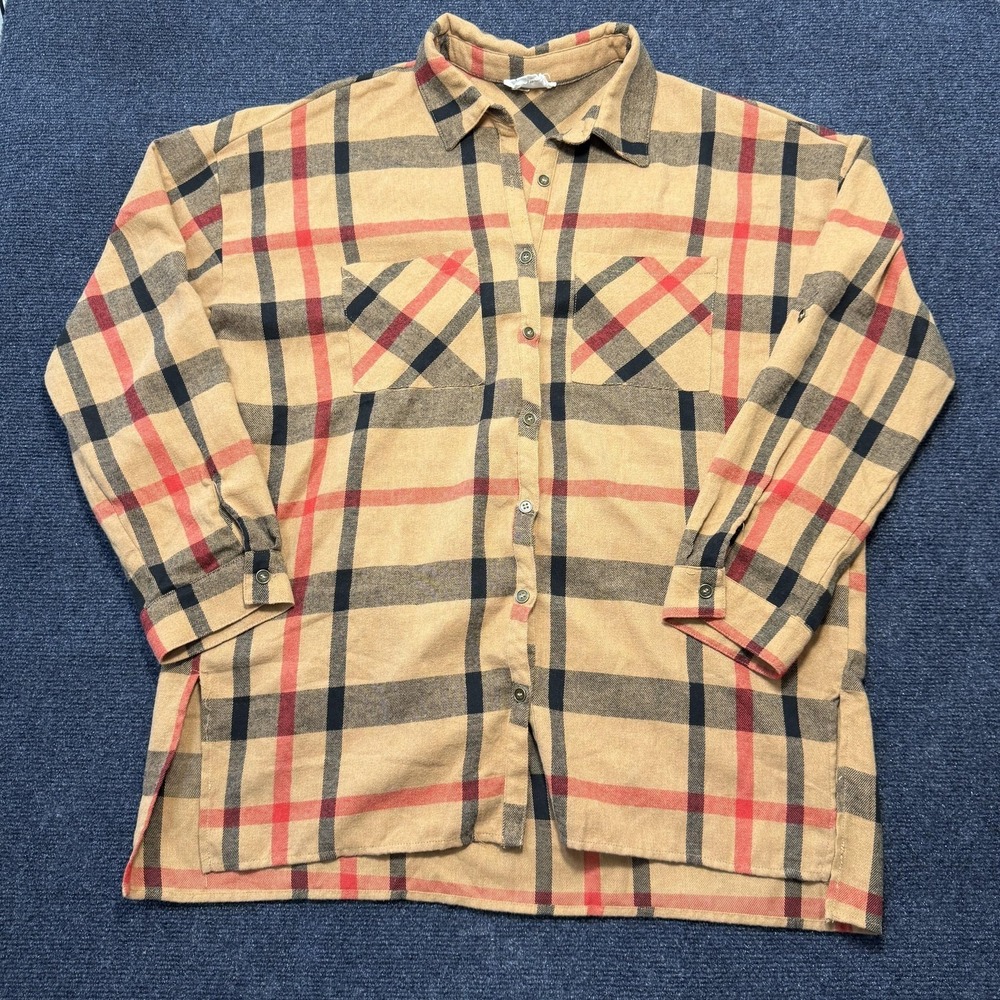 Andrée By Unit Button Up Shirt Womens Medium Beige Plaid Flannel Tunic Top